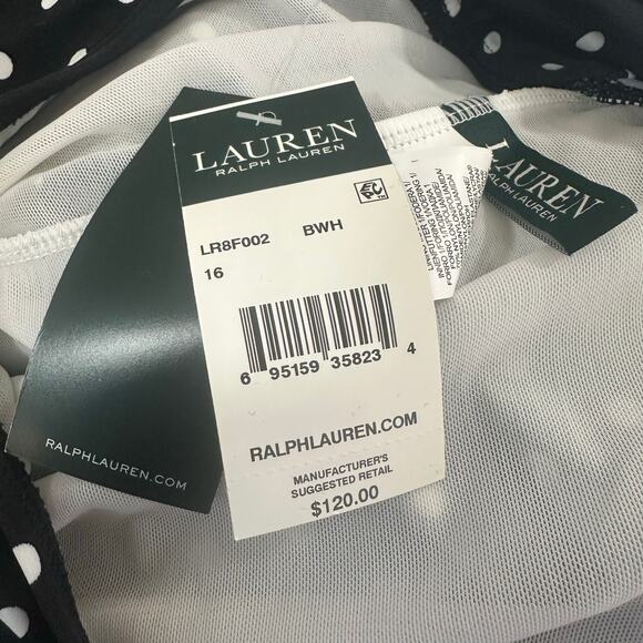 Lauren Ralph Lauren Black White Polka Dot Tummy Control Halter Swimdress 16 NWT - Picture 7 of 12
